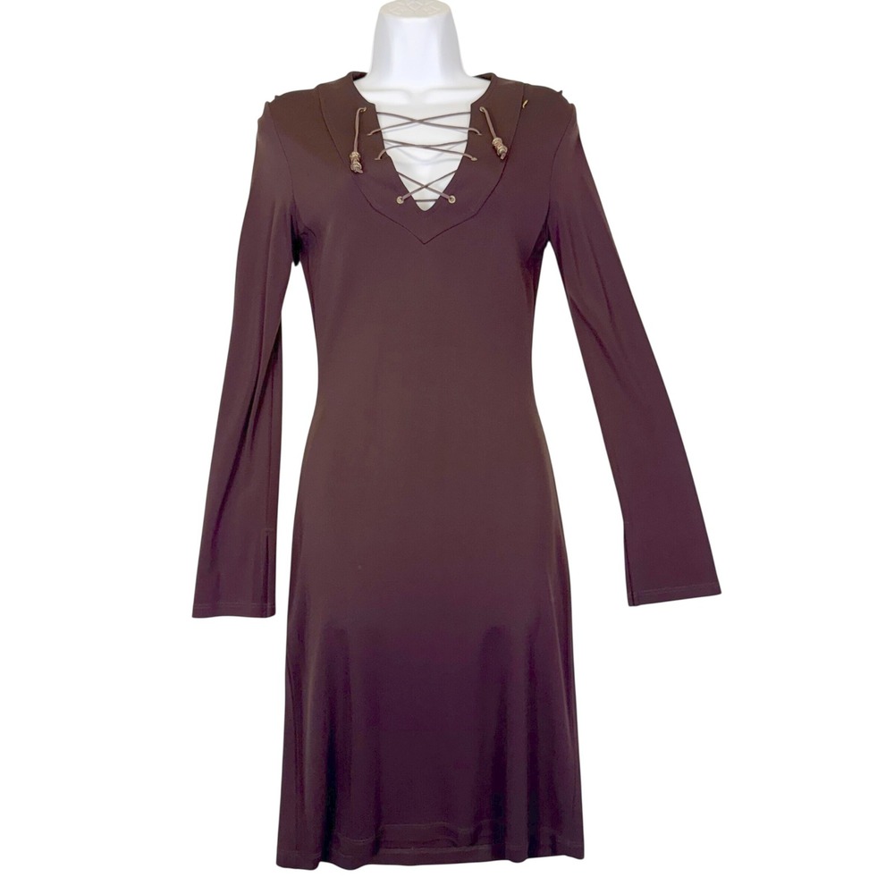 VTG Y2K ABS Allen Schwartz Lace up Sheath Dress Espresso Brown‎ 90's Whimsigoth